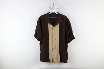Vintage 90s Rockabilly Mens XL Faded Silk Panel Camp Collar Button Shirt Brown - Image 1 of 4