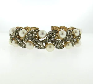 Buccellati 18k Gold Silver Rose Cut Diamond Pearl Leaf Motif Cuff Bracelet - Picture 1 of 8