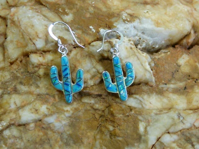 Saguaro Cactus Sterling Silver Turquoise Opal Stone Inlay Gemstone Earrings NEW - Image 1 of 4
