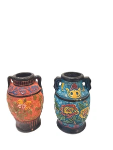 Vintage Carved Vases Orange & Blue Urns with Handles 4-1/2" Occupied Japan 2 - Bild 1 von 14