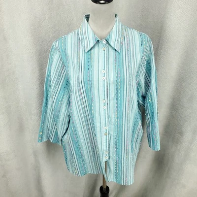 Top Coldwater Creek para mujer XL blanco azul a rayas bordado con botones Foto 1 de 4