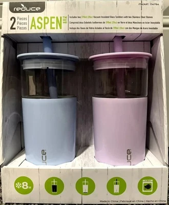 2xReducir Vasos de Vidrio Aislado al Vacío Mangas Acero Inoxidable Azul+Rosa Foto 1 de 3