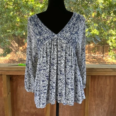 Massimo Dutti Blue And White Long Sleeve Boho Peasant Blouse Size S - Image 1 of 4