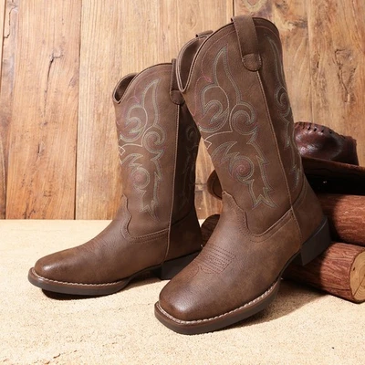 Women Mid Calf Boots Cowboy Cowgirl Boots Embroidered Square Toe Western Boots - Image 1 of 4