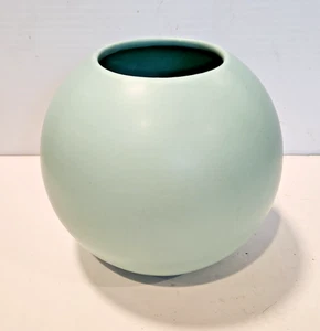 MCM Ball Vase Pottery Teal Green Blue 5.5" x 5.5" Ada Clay Stamped & Impressed - Picture 1 of 7