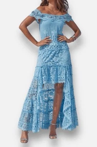 Boston Proper Blue Lace Dip Hem Maxi Bardot Dress S 10 12 Spanish Flamenco Prom - Picture 1 of 14