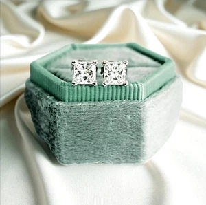 2.00 Ct Princess Cut IGI Lab Grown Diamond Women Stud Earrings 14K White Gold - Picture 1 of 11