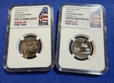 2003 S  2004 S 25 C CLAD Arkansas and Florida pf 69 Ultra Cameo Quarter  - Image 1 of 4