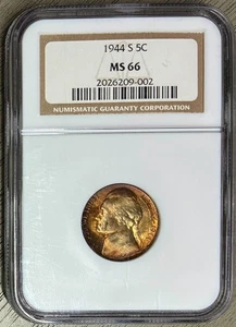 1944-S Silver Jefferson War Nickel, NGC MS-66, Beautiful Toning Pattern - Picture 1 of 2