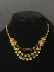 Vintage Gold Tone Green Yellow Brown Rhinestones Necklace - Picture 1 of 24