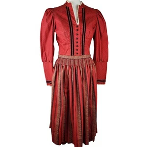 VTG Dirndl Long Dress Red Prairie Folk German Floral Sz 38 Modest Victorian  - Picture 1 of 17