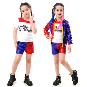Kids Suicide Squad Harley Quinn Costume Cosplay Wig Jacket Fancy Dress Book Week - Picture 1 of 29