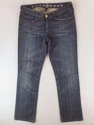 Jeans feminino Earnest costurado 28 azul Della OG reto lavagem escura cintura baixa bigode - Imagem 1 de 4