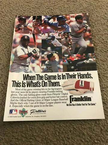 Vintage DON MATTINGLY Franklin Batting Gloves Poster Print Ad 90s KIRBY PUCKETT Cover
