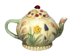 Yellow Tea Pot Flowers Ladybug Ceramic MWW Market - Picture 1 of 7