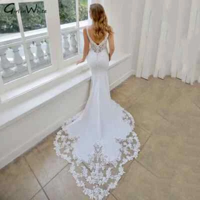 Sexy Mermaid Wedding Dress Court Lace Train Spaghetti Straps Bride Dresses V Nec - Image 1 of 3