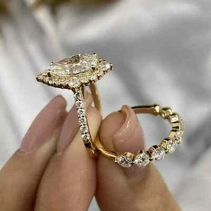 3.00Ct Pear Cut Moissanite Women's Stunning Bridal Set In 14K Yellow Gold Plated - Picture 1 of 6