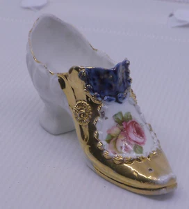 ANTIQUE GERMAN PORCELAIN SHOE FIGURAL PIN CUSHION? PLANTER? GOLD & FLOWERS - Picture 1 of 6