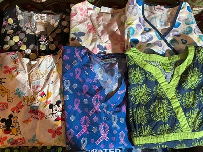 Huge Lot of 6 Medical Scrubs Scrub Tops Shirts Sz XL X-Large Mickey Mouse & More - Image 1 of 4