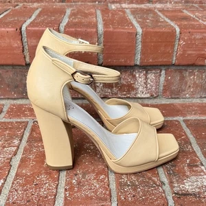 Franco Sarto Women's 8.5 Dima Nude Ankle Strap Block Open Square Toe Heels - Picture 1 of 8