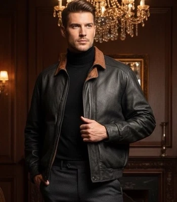 Chaqueta de Cuero Johnston & Murphy Hombre’s 40 Negro Marrón Bomber Forrada Termolite Foto 1 de 4