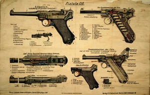 Impresión de dibujo de aspecto envejecido alemán Parabellum Luger P08 Segunda Guerra Mundial - Imagen 1 de 1