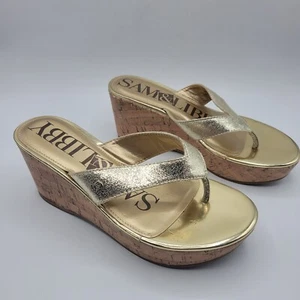 Sam And Libby Sandals Womens 6 Casual Slip On Thong Cork Wedge Gold Faux Leather - Picture 1 of 9