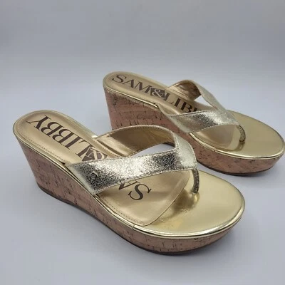 Sandalias Sam And Libby para mujer 6 informales sin cordones tanga corcho cuña cuero sintético dorado Foto 1 de 4