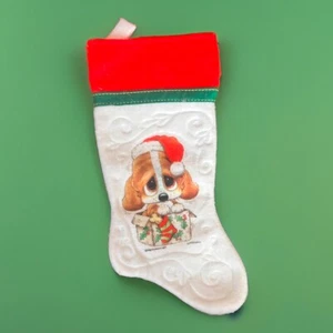 1983 Vintage Giordano Art Christmas Stocking Puppy Dog Present W/ Santa Hat - Picture 1 of 8