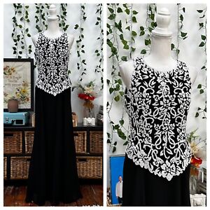Vintage 90s Maxi Dress Black White Beaded Sleeveless Whimsy Goth Prom Party M