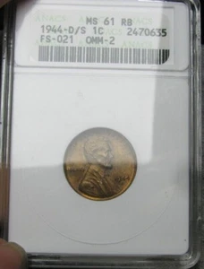 1944-D/S Lincoln Cent Type 2 FS-021 --- MS-61 RB Old ANACS Graded coin --- #318A - Picture 1 of 7