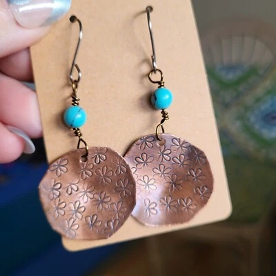 Unique Handcut Copper Flower Earrings Dangle Artisan Titanium Hooks Turquoise - Image 1 of 2
