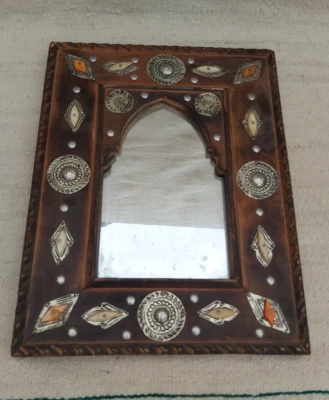 Antique Rare Handcraft Traditional Moroccan Wall Mirror Bone And  Engraved Metal - Photo 1/4