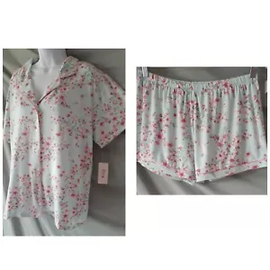 Flora Nikrooz Green Pajama Set Floral Shorts Cap Sleeve Top Large 50" BUST - Picture 1 of 8