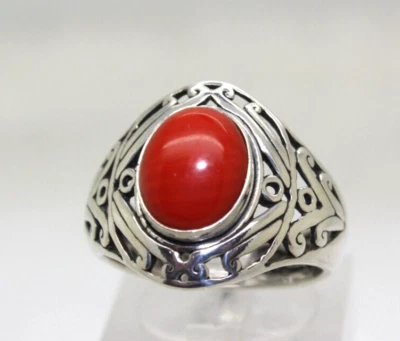 Firmado M.G. Anillo de plata de ley .925 CORAL ROJO TRABAJO ABIERTO talla 7 Foto 1 de 4