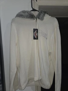 Vintage Y2K Harley Davidson (1W 18-20 Inch)Cream And Gray Faux Fur Zip-Up Hoodie - Picture 1 of 10