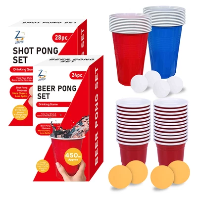 ZOPPER 24 Beer Pong Set - 28 Shot Pong Game Set Blue and Red Plastic Cups Pong Game Bar
