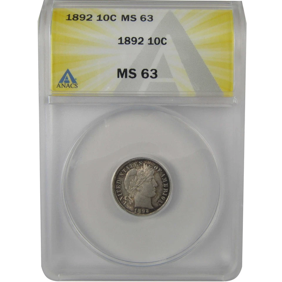 Moeda de 1892 Barber Dime MS 63 ANACS prata não circulada 10c SKU:I22164 - Imagem 1 de 4