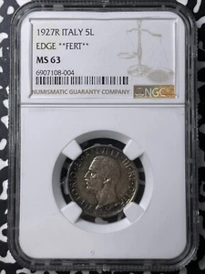 1927-R Italy 5 Lire NGC MS63 Lot#G9034 Silver! Choice UNC! Edge 'Fert' - Picture 1 of 3