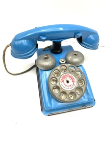 Vintage Original Blue Tin Toy Phone Speedphone The Gong Bell Mfg Co USA 1950's - Picture 1 of 11