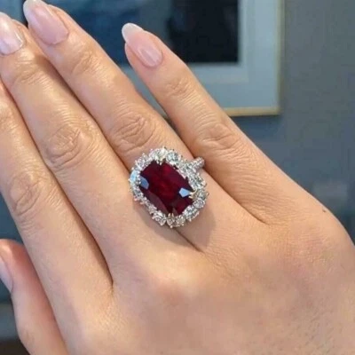 4.00CT Cushion Cut Lab-Created Ruby Women Engagement Ring 14K White Gold Plated - Image 1 of 4