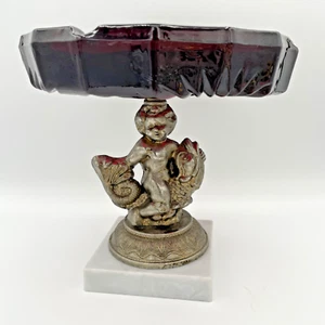 Koi Fish & Cherub Red Glass, Metal & Marble Trinket Ashtray - Hollywood Regency - Picture 1 of 14