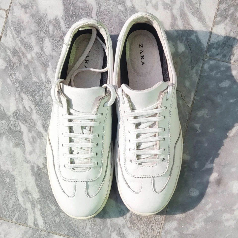Talla 8W EE. UU. Zapatos Zara 39 Tenis Tenis Cuero Blanco Con Cordones Puntera Almendra Parte Superior Baja Foto 1 de 4