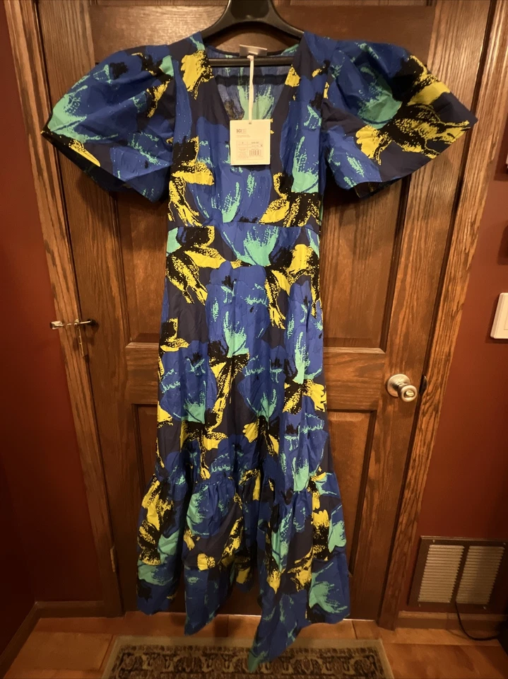 Christopher John Rogers for Target Size 8 Floral Puff Sleeve Tiered Dress Blue