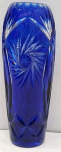 Vaso alto 7" vintage blu cobalto boemo taglio a cristallo trasparente modello girarrosto - Foto 1 di 6