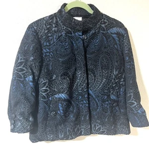 Chico's Brokat blau und schwarz verziert Paisley Knopfleiste Jacke Größe 2 - Bild 1 von 16