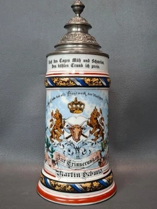 Antiker Zunftkrug mit Zinndeckel Metzger um 1900 - Bild 1 von 9