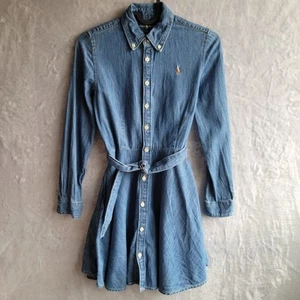 POLO RALPH LAUREN Girls 10 Dark Wash Belted Cotton Denim Shirt Dress Logo - Picture 1 of 9