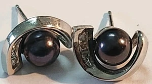 14K WHITE GOLD 7MM BLACK PEARLS & DIAMONDS STUD EARRINGS 3.7G GORGEOUS  - Picture 1 of 8