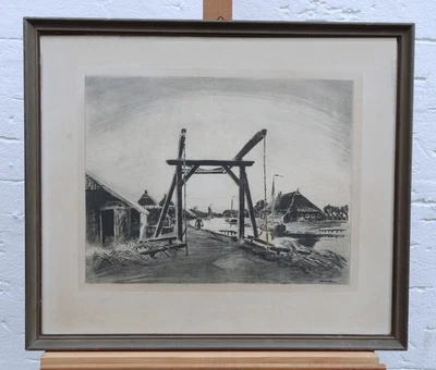 Ernst Petrich, Leer "Am Fehnkanal" Ostfriesland, große Radierung - Bild 1 von 4